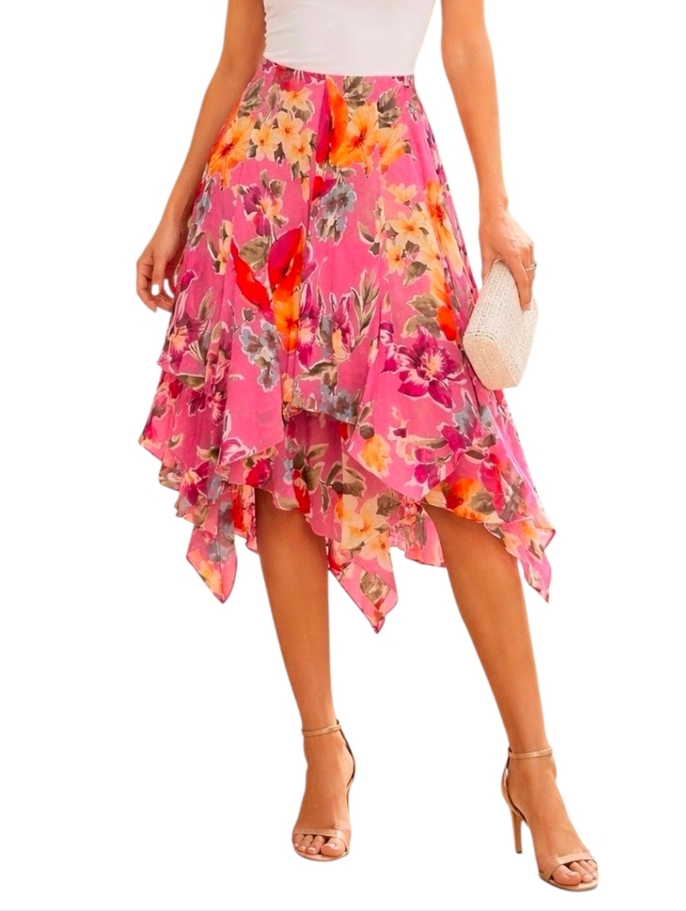 Lauren Ralph Lauren Women's Pink Floral Asymmetrical Handkerchief Hem Skirt 14P